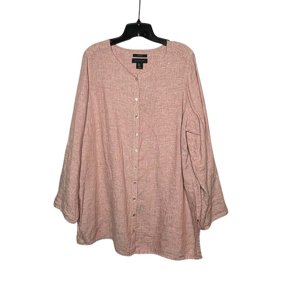 Tahari 100% Linen Dusty Pink Button Down Long Sleeve Resort Tunic Top Size 1XL